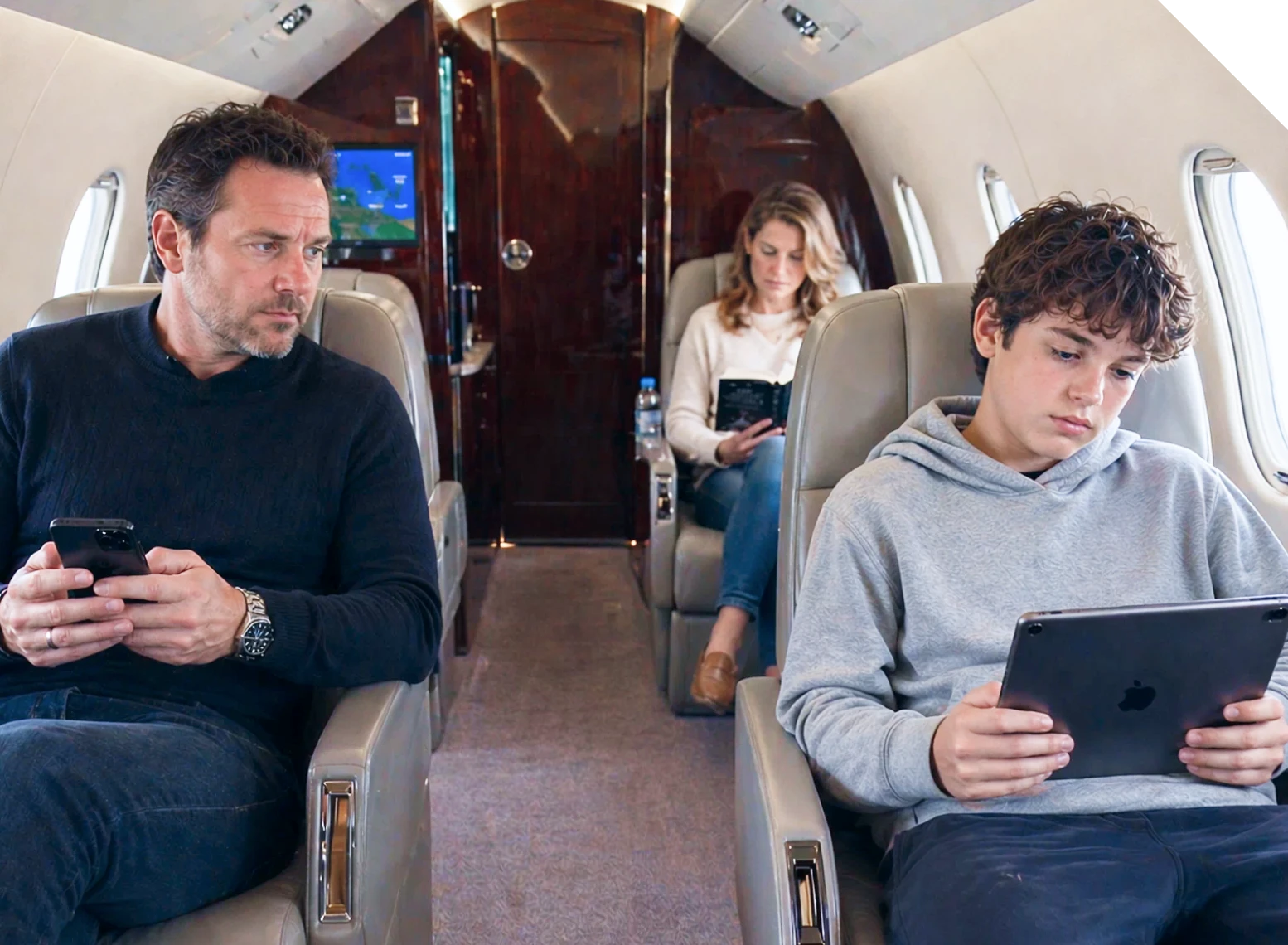 A father, mother, and teenage son sit absorbed in their phones and a tablet during a private flight, disconnected from each other.